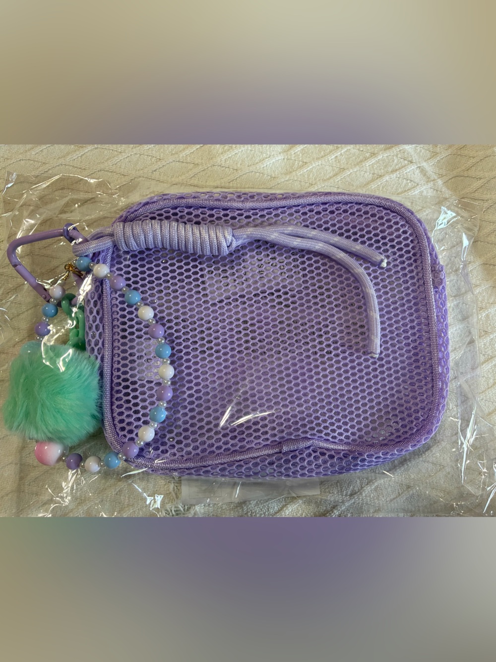 Lavender Mesh Wristlet Pouch with Beaded Charm